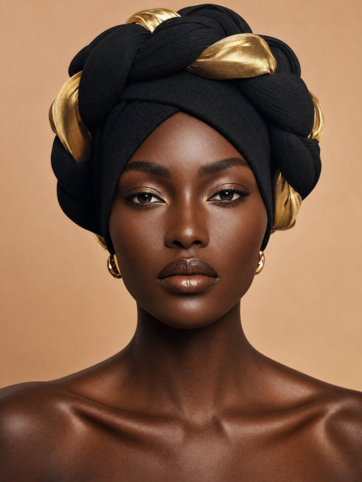 Black sculptural turban with gold feather detailing