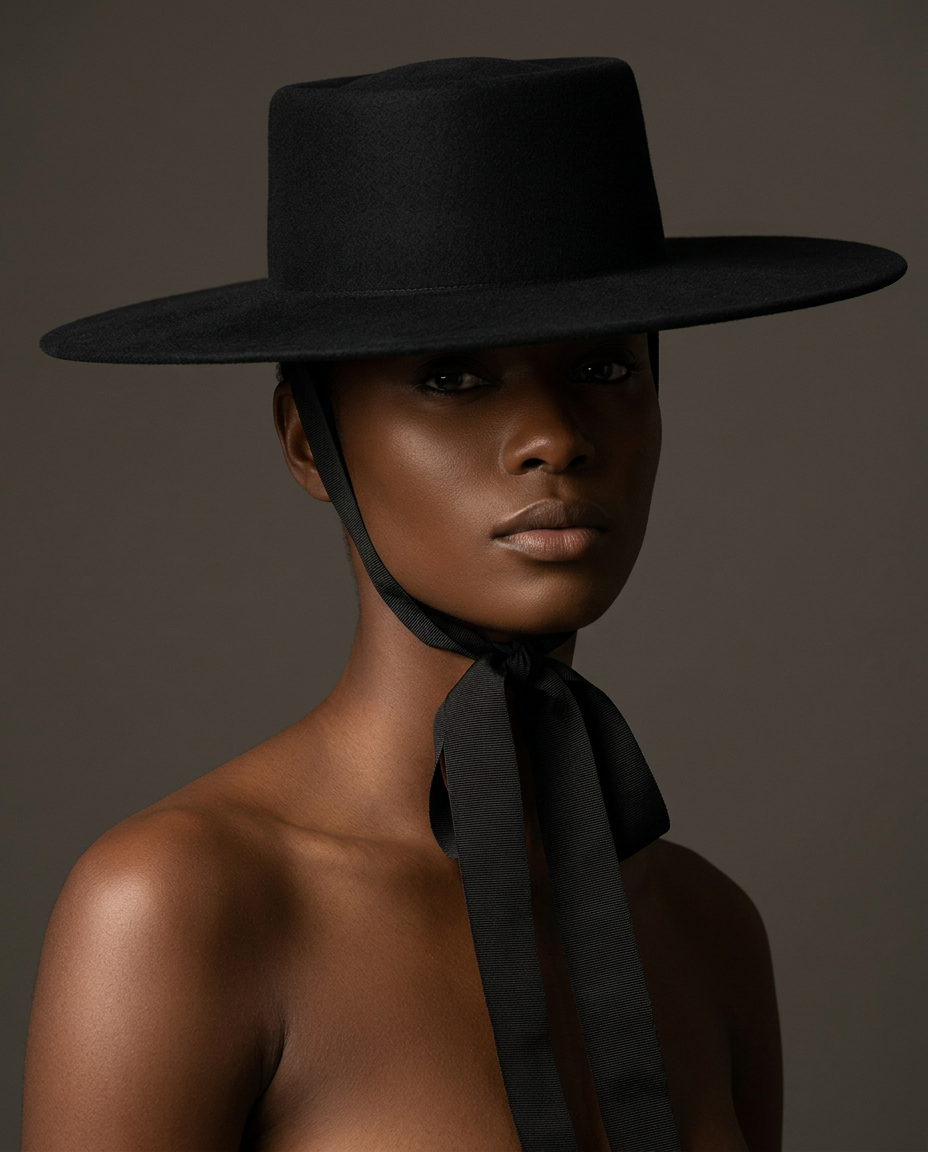 Wide flat-brim black hat with black ribbon ties
