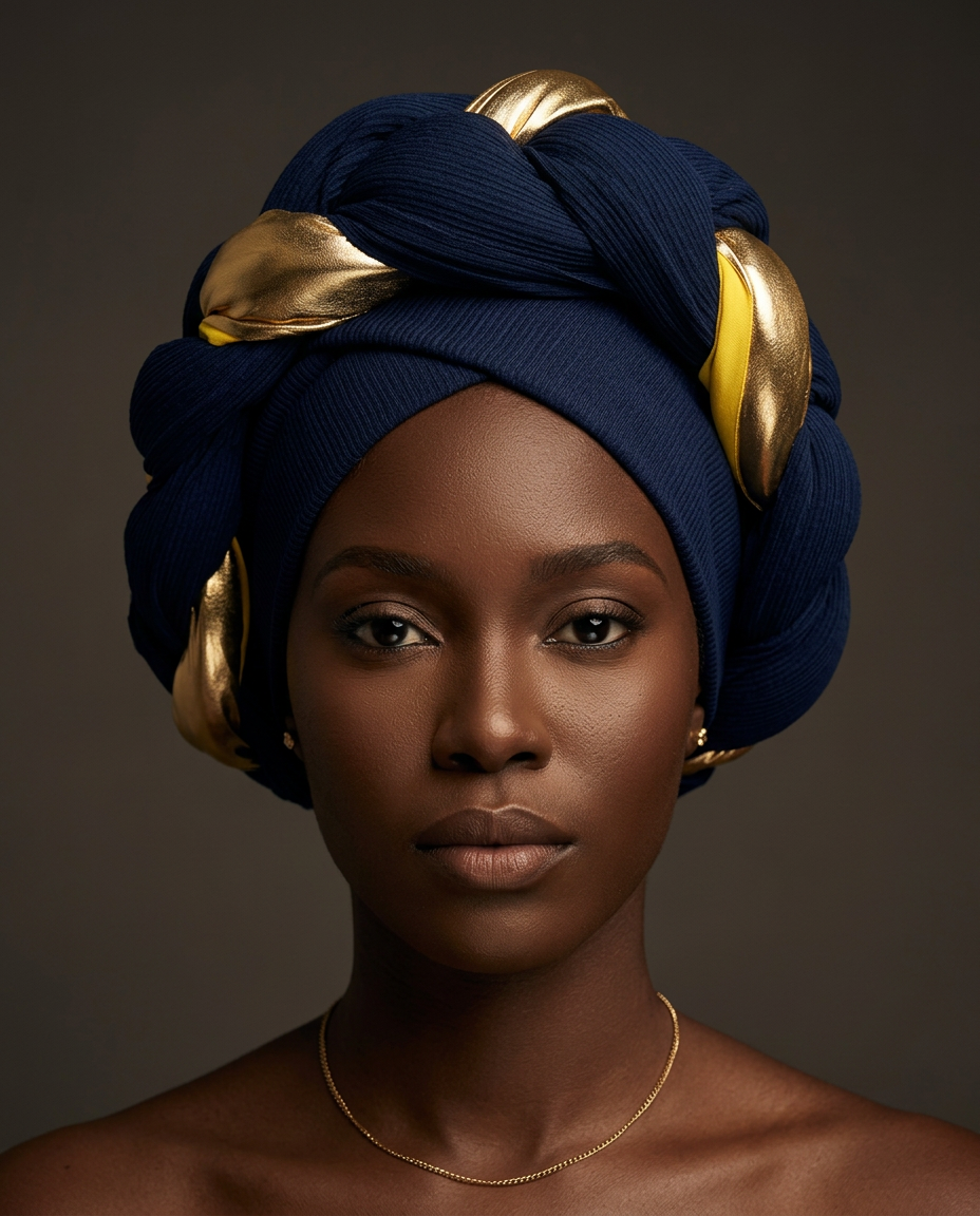 Navy sculptural turban with woven gold accents