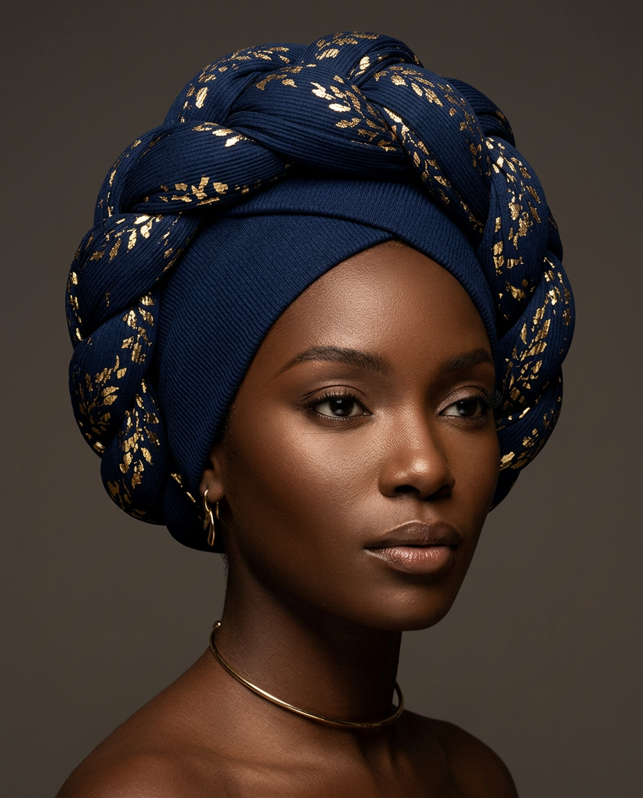 Deep navy sculptural turban with gold leaf print