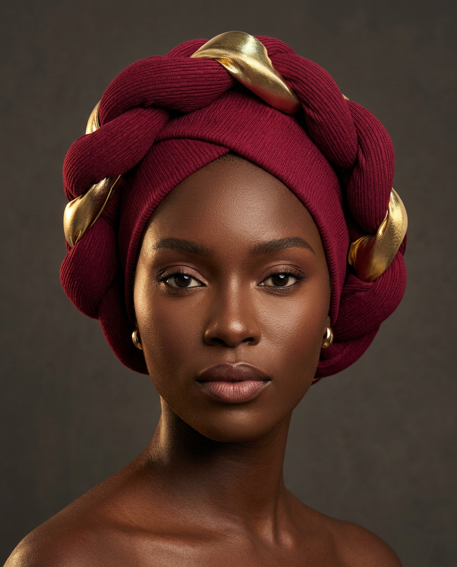 Burgundy sculptural turban with woven gold accents