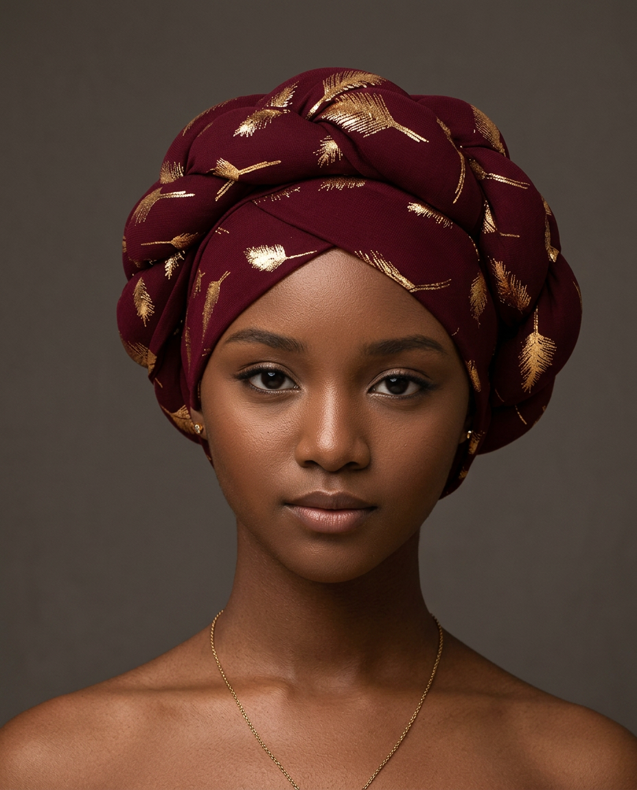 Burgundy sculptural turban with gold leaf print