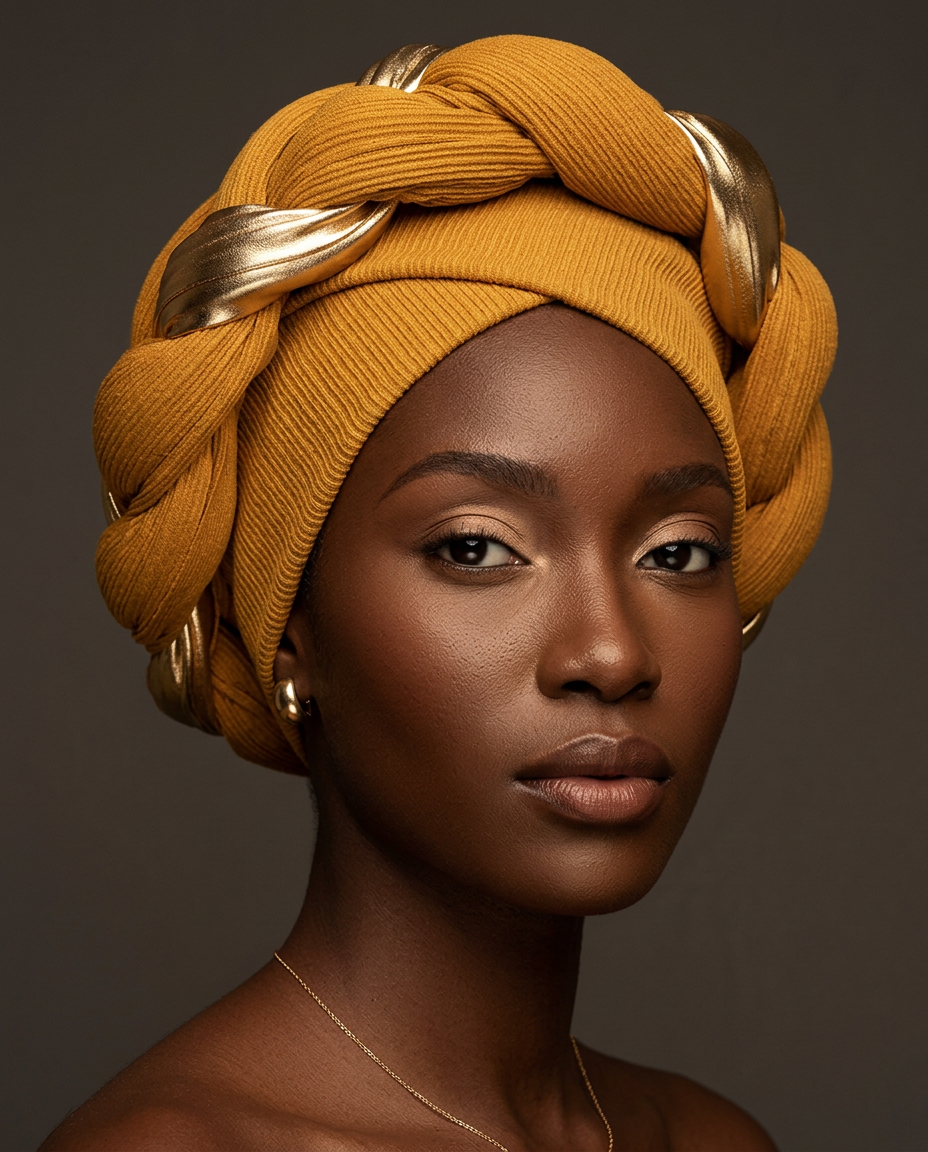 Mustard sculptural turban with woven gold accents