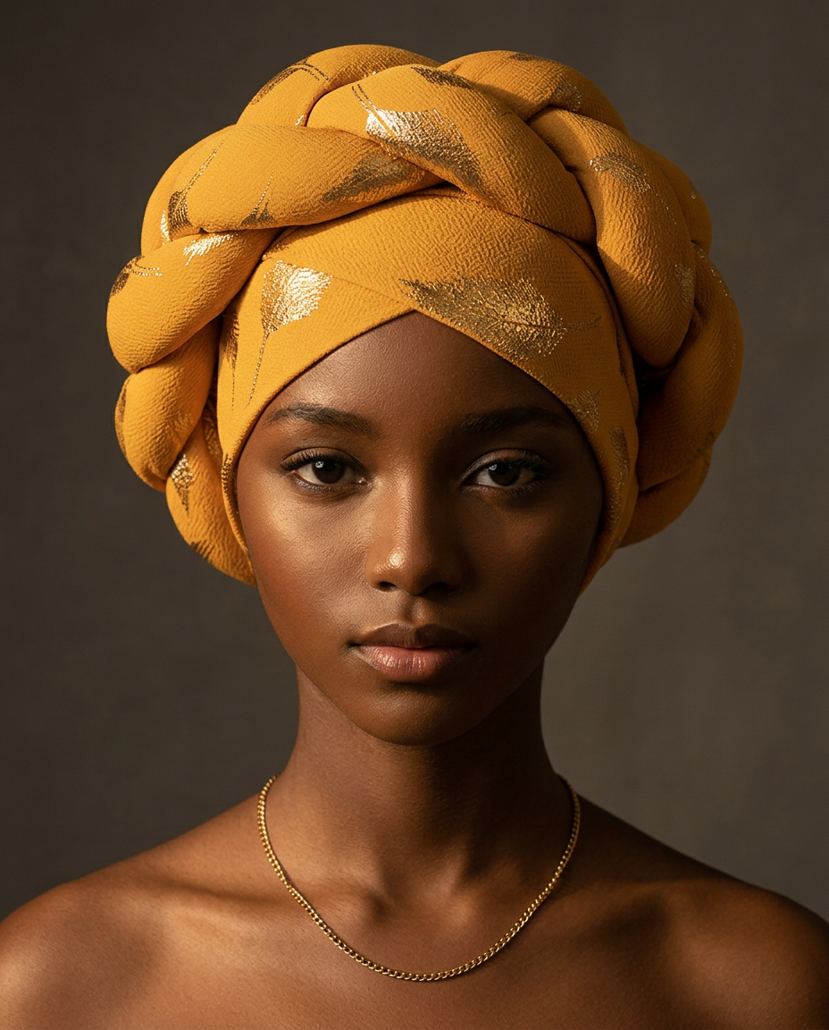 Ochre sculptural turban with gold leaf print